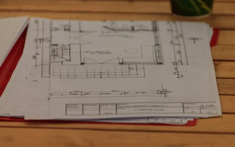 Architect reviewing blueprint and technical floor plan drawings