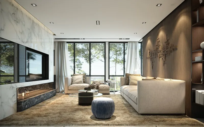 Sophisticated living room with layered textures and refined details