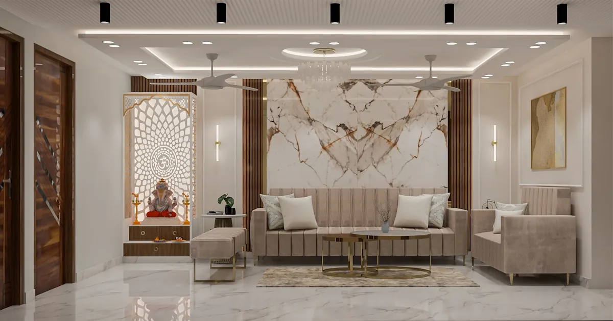 Luxurious living room with handcrafted furniture and warm ambient lighting