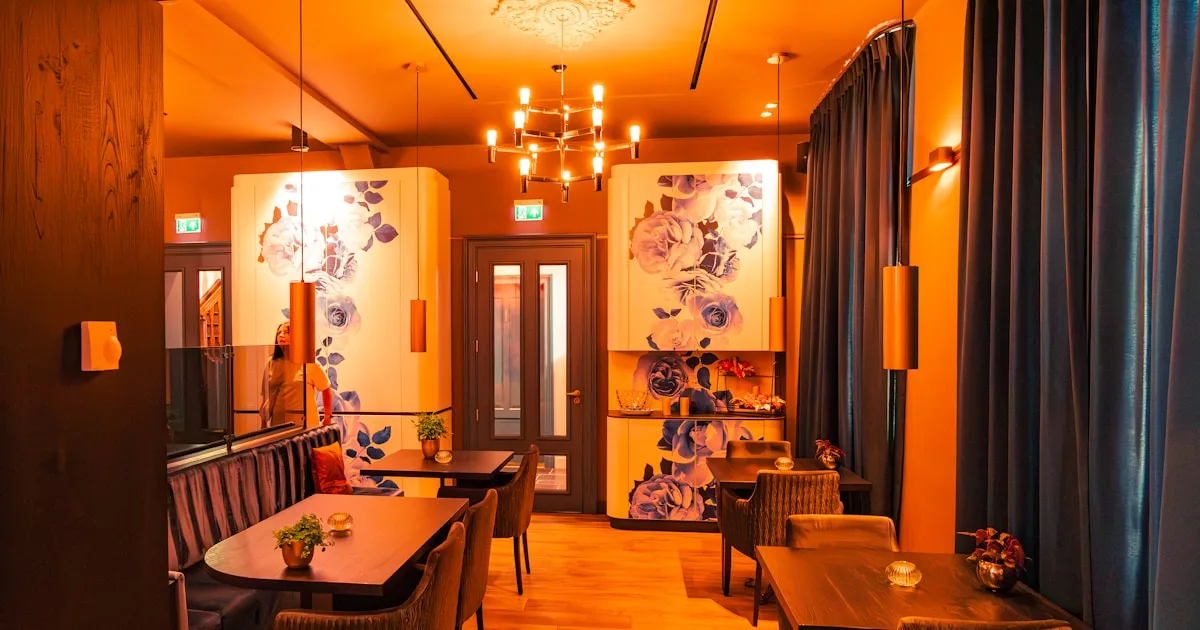 Restaurant interior with warm lighting and natural materials