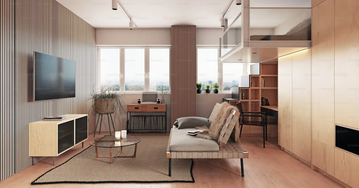 Beautifully furnished small living room with compact sofa and natural materials