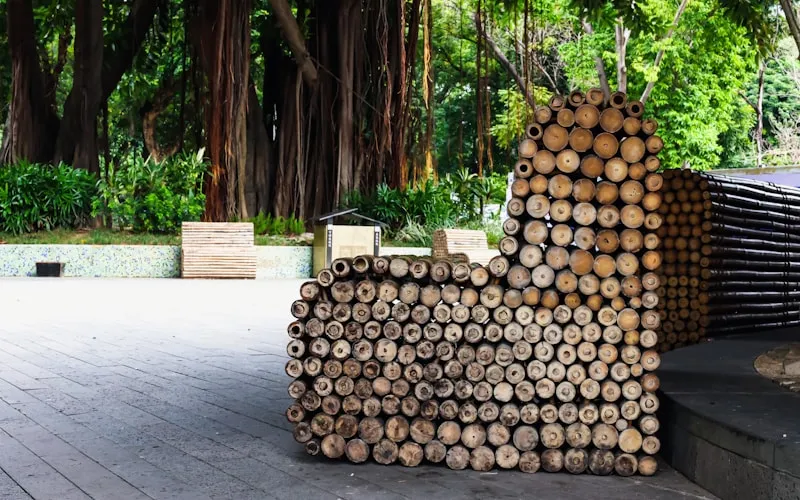 Sustainable interior featuring bamboo, cork, and recycled material furnishings