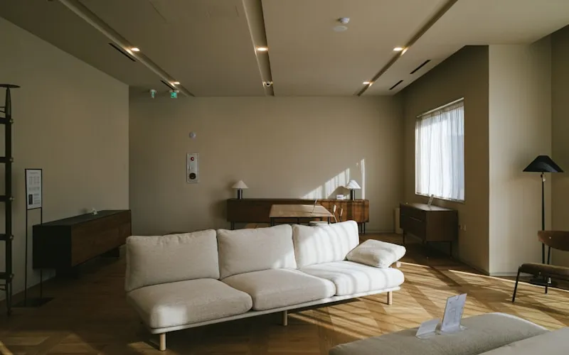 Minimalist wabi-sabi inspired interior with natural materials and serene atmosphere