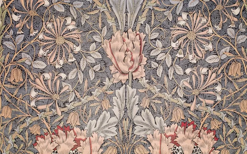 Rich Victorian wallpaper with damask and floral patterns in deep colors