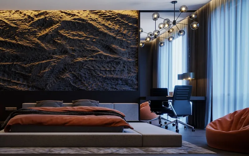 3D room visualization showing a virtual interior design concept