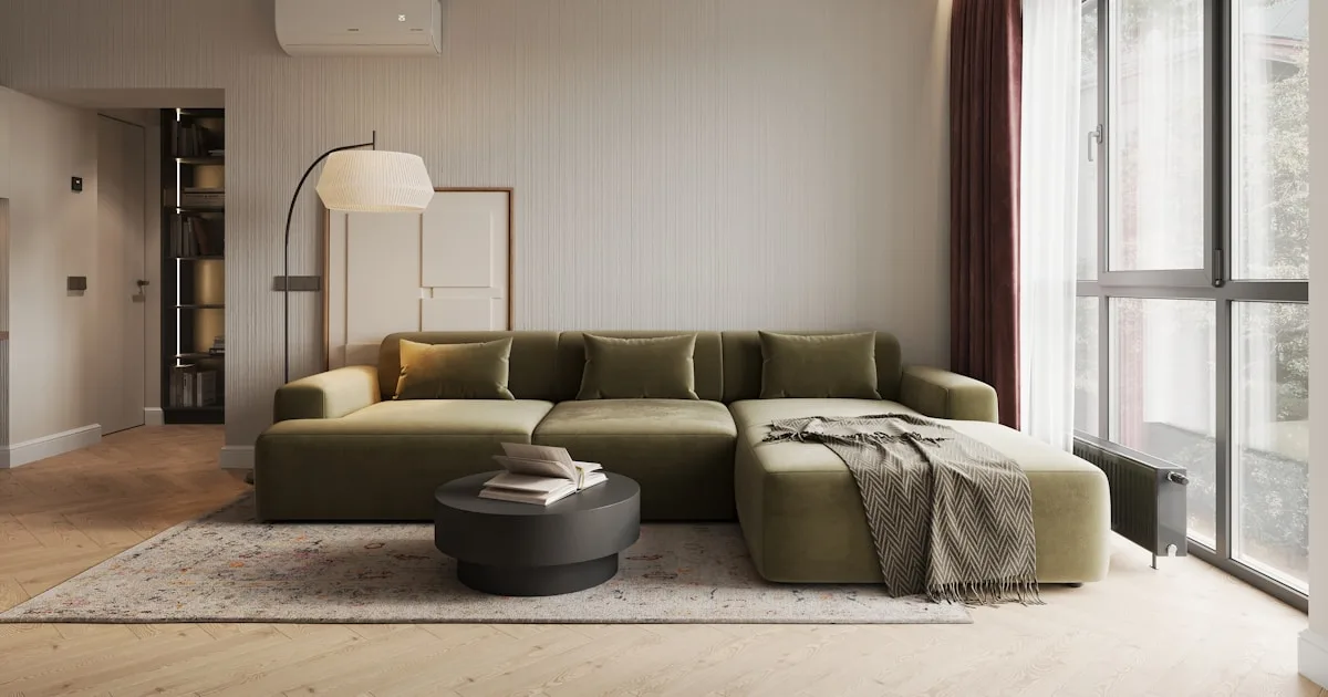 Warm cozy interior with natural textures and ambient lighting